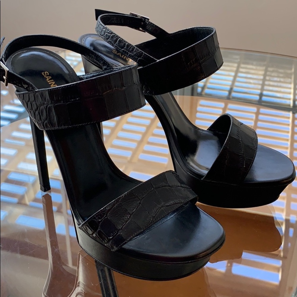 Black leather YSL Saint Laurent sandal pumps